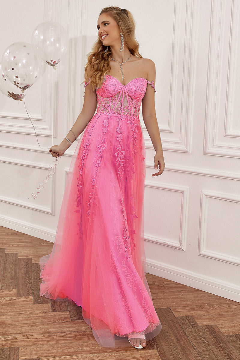 Load image into Gallery viewer, Hot Pink Off the Shoulder Long Prom Dress with Appliques