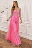 Hot Pink Off the Shoulder Long Prom Dress with Appliques