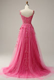 A Line Off the Shoulder Hot Pink Long Prom Dress with Appliques