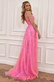 Hot Pink Off the Shoulder Long Prom Dress with Appliques