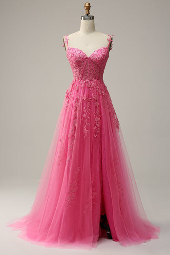 A Line Off the Shoulder Hot Pink Long Prom Dress with Appliques