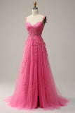 A Line Off the Shoulder Hot Pink Long Prom Dress with Appliques