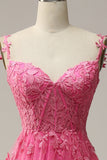 A Line Off the Shoulder Hot Pink Long Prom Dress with Appliques