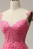 A Line Off the Shoulder Hot Pink Long Prom Dress with Appliques