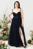 A Line Spaghetti Straps Navy Plus Size Prom Dress with Appliques