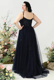 A Line Spaghetti Straps Navy Plus Size Prom Dress with Appliques