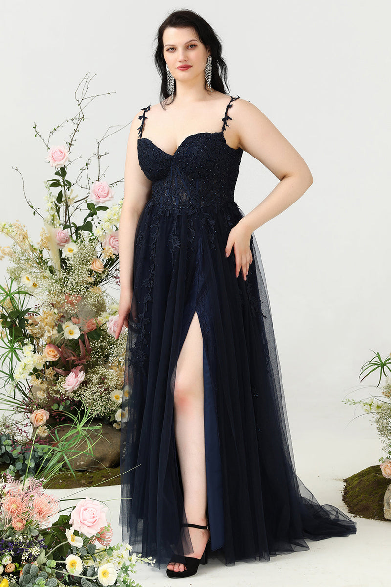 Load image into Gallery viewer, A Line Spaghetti Straps Navy Plus Size Prom Dress with Appliques