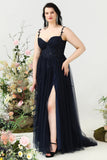 A Line Spaghetti Straps Navy Plus Size Prom Dress with Appliques