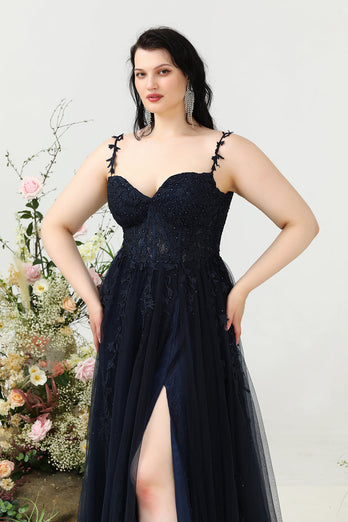 A Line Spaghetti Straps Navy Plus Size Prom Dress with Appliques