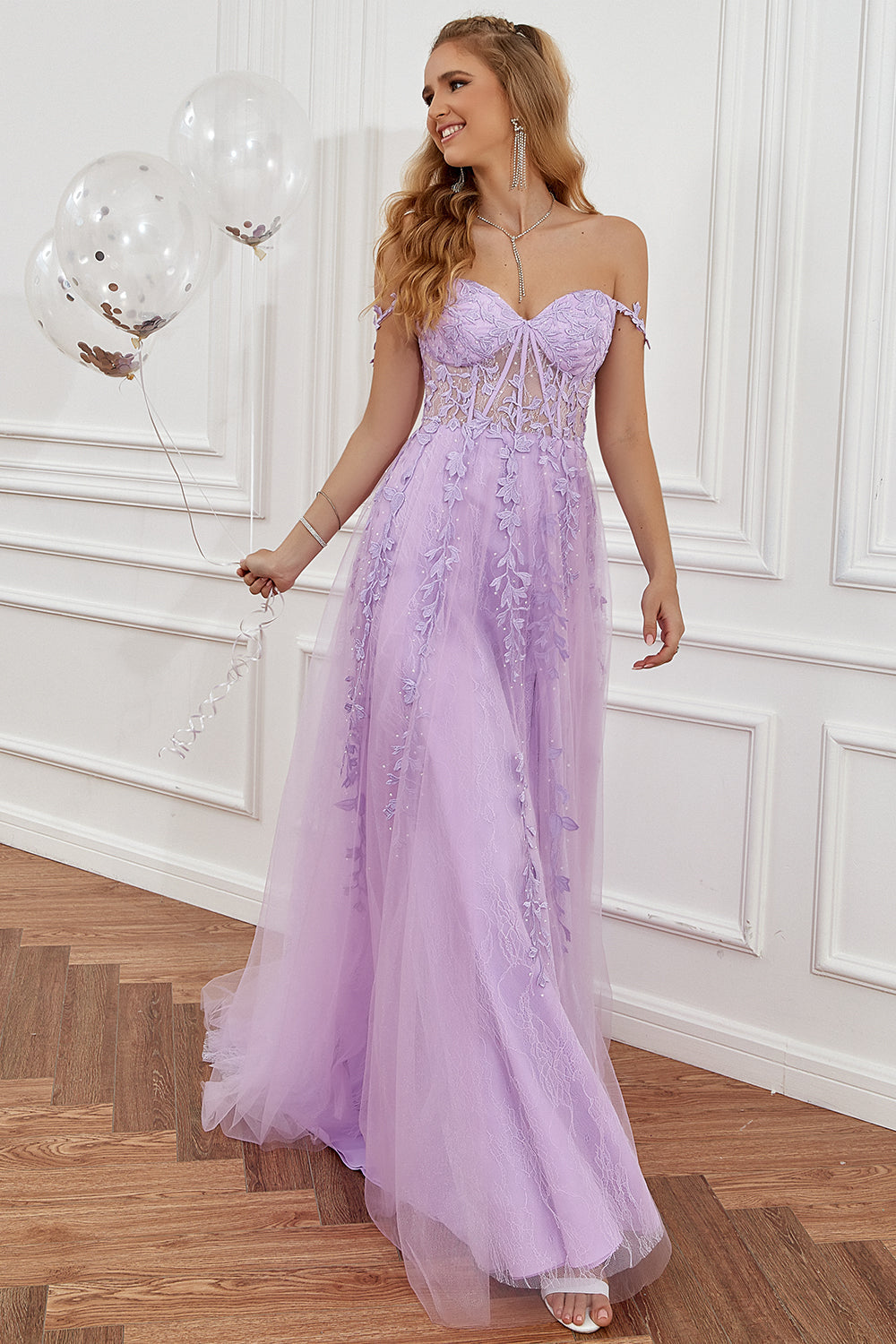 Purple Off the Shoulder Long Prom Dress with Appliques