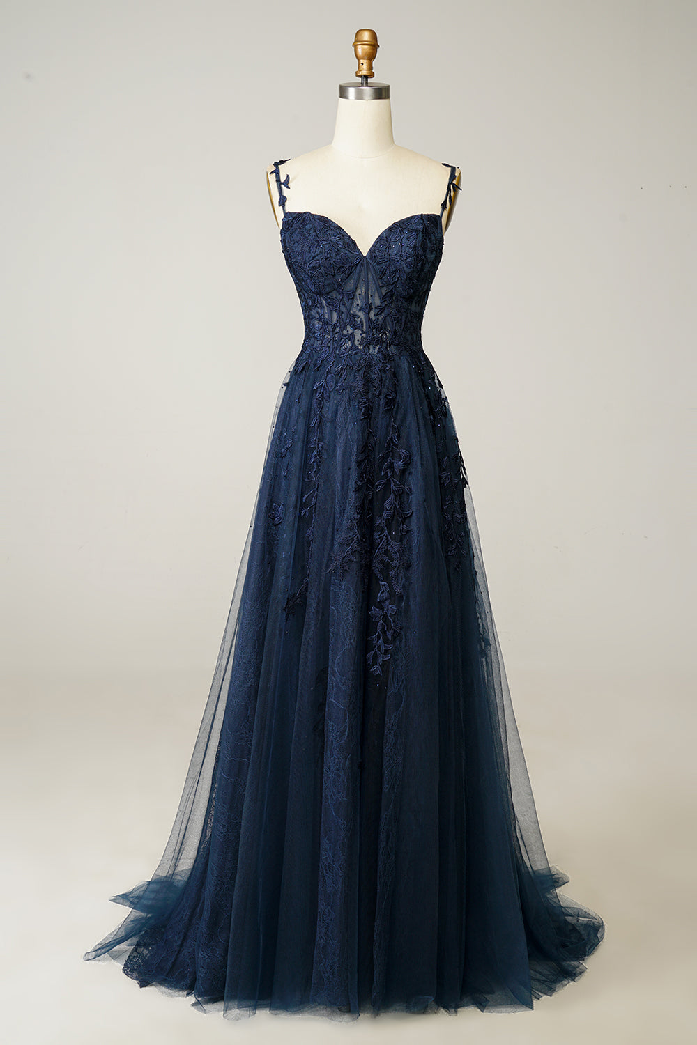 A Line V Neck Spaghetti Straps Navy Blue Prom Dresses with High Slit, –  Shiny Party
