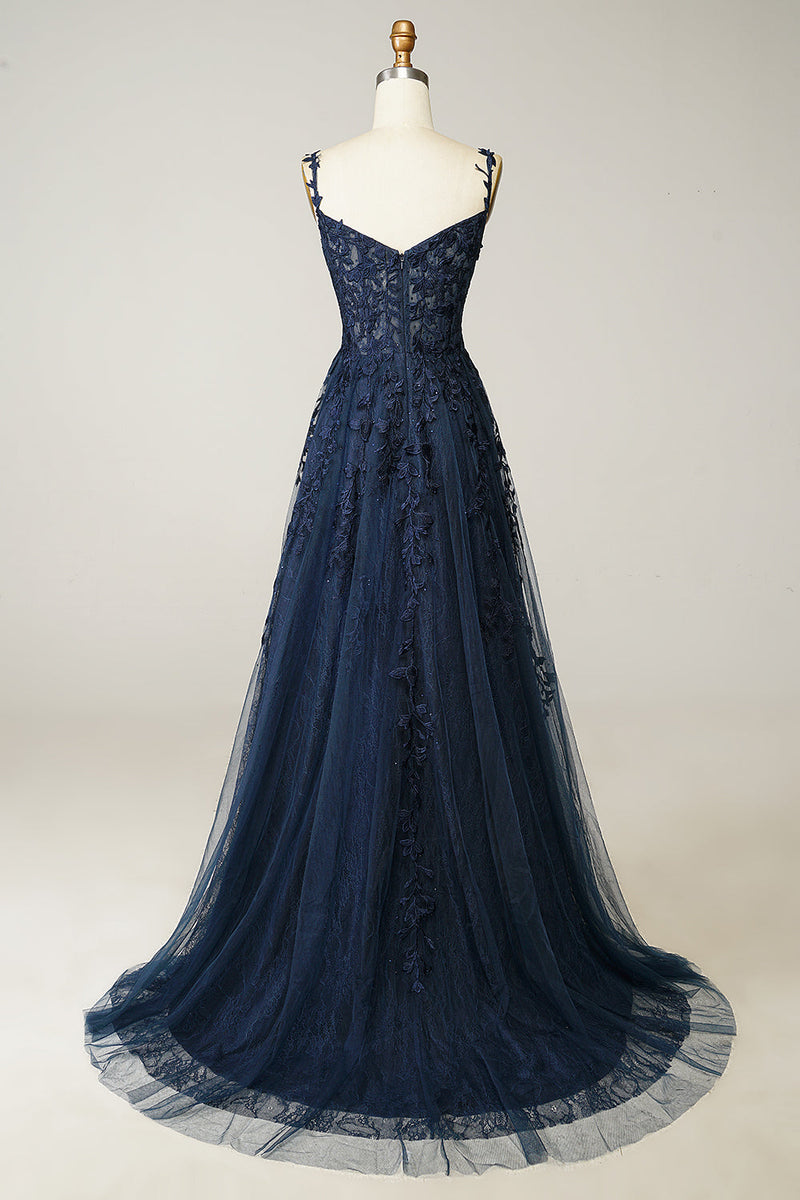 Load image into Gallery viewer, A Line Spaghetti Straps Navy Prom Dress with Appliques