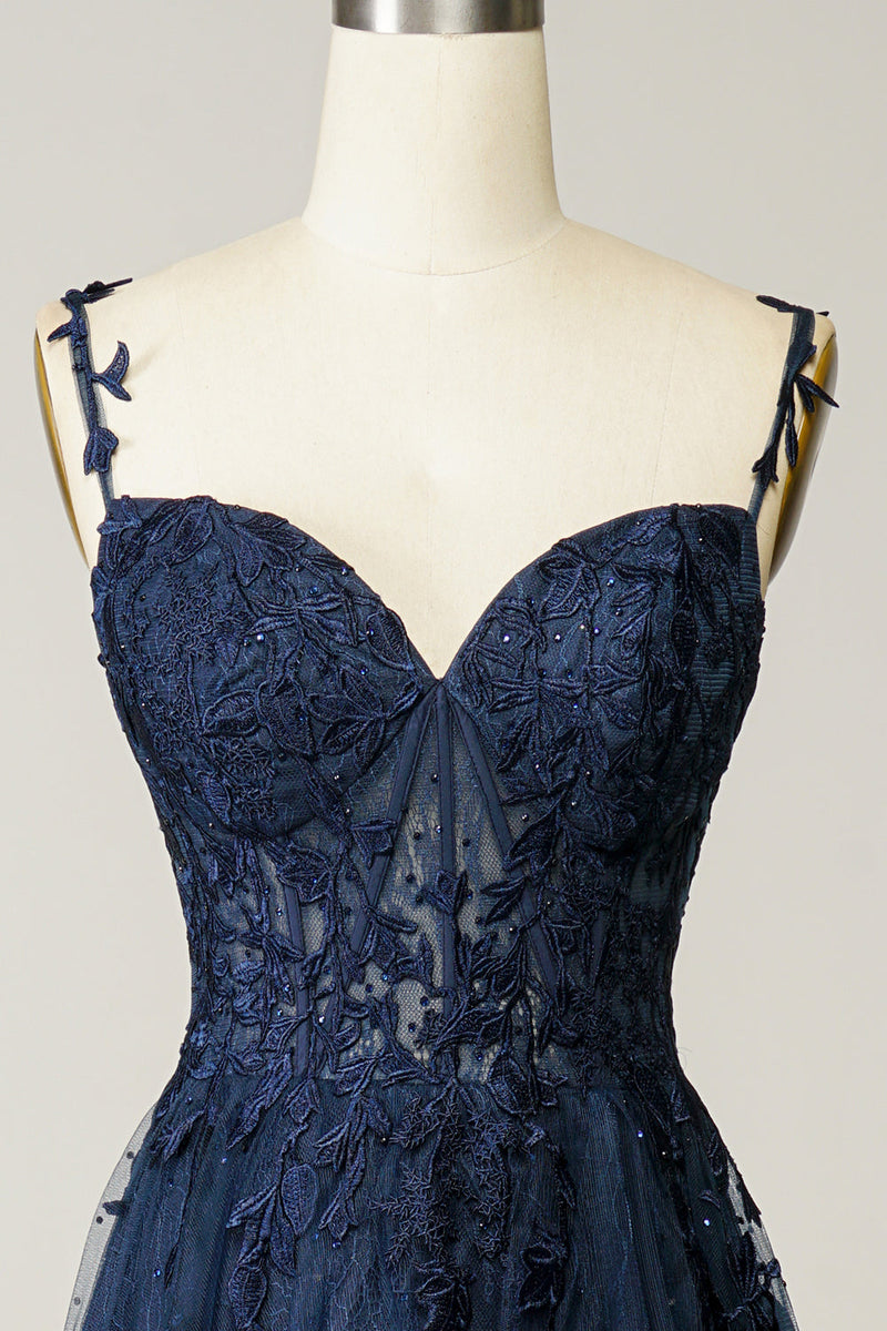 Load image into Gallery viewer, A Line Spaghetti Straps Navy Prom Dress with Appliques