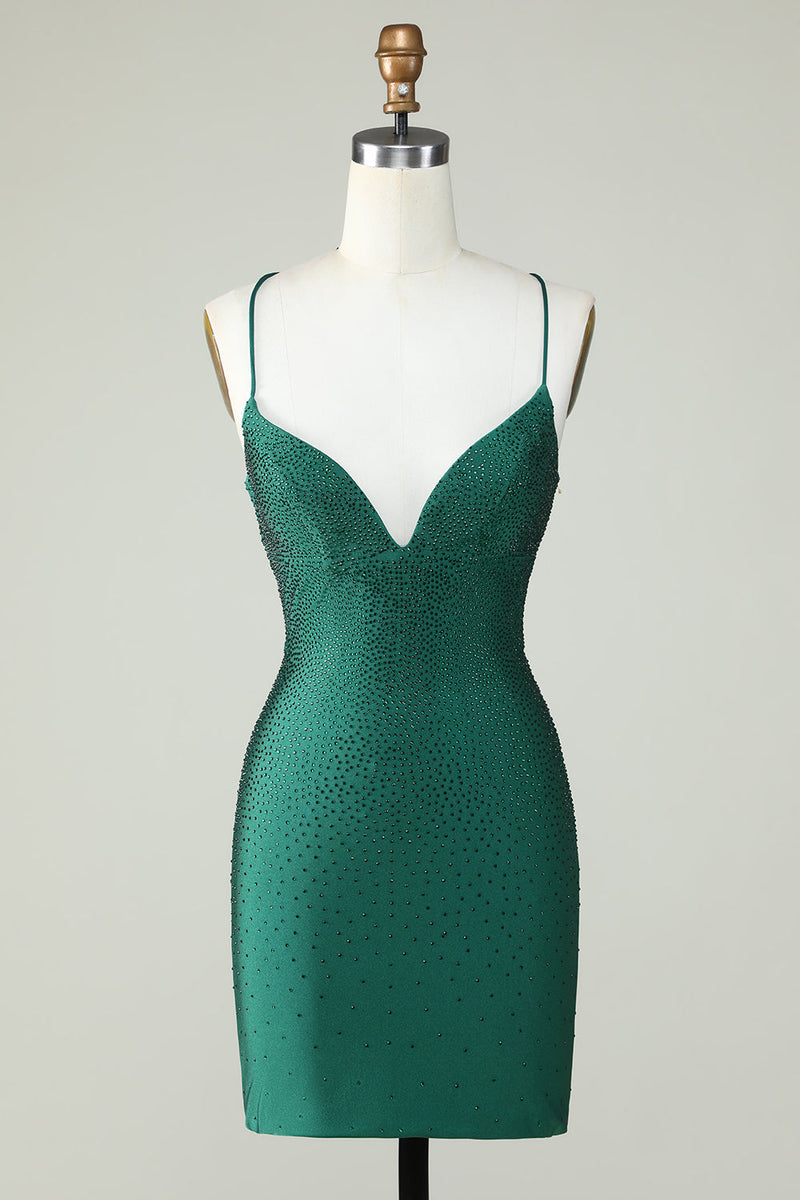 Load image into Gallery viewer, Sheath Spaghetti Straps Dark Green Short Graduation Dress with Beading