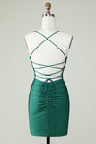 Sheath Spaghetti Straps Dark Green Short Graduation Dress with Beading