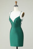 Sheath Spaghetti Straps Dark Green Short Graduation Dress with Beading