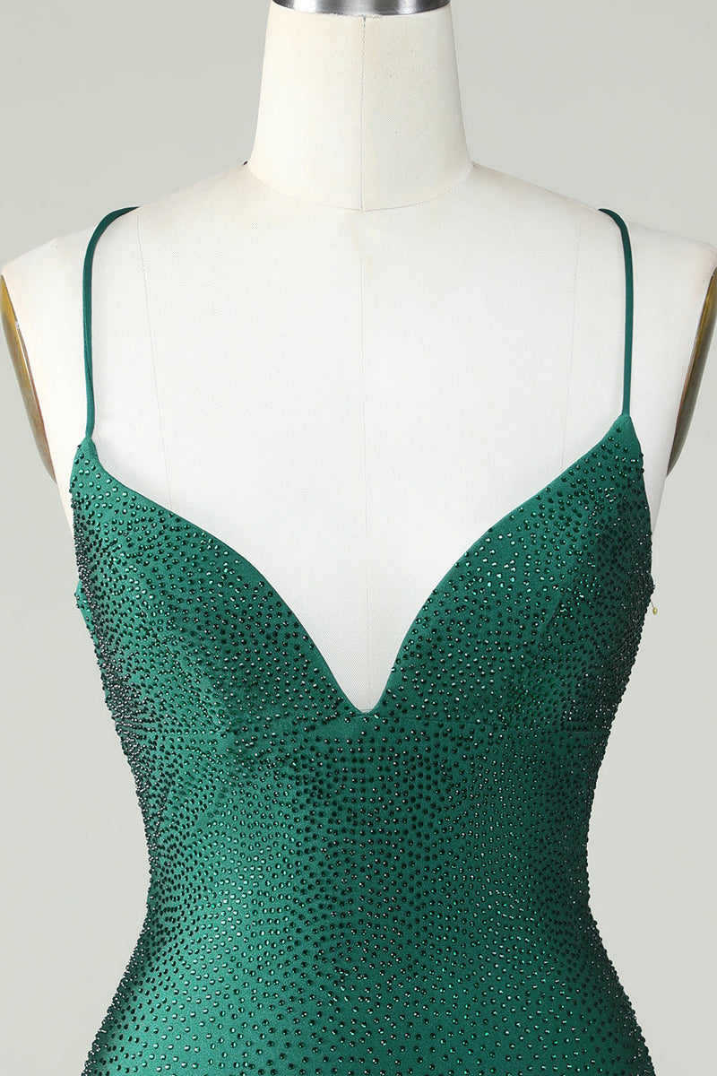 Load image into Gallery viewer, Sheath Spaghetti Straps Dark Green Short Graduation Dress with Beading