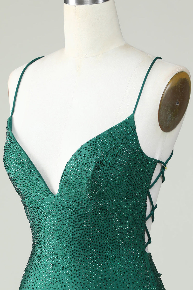 Load image into Gallery viewer, Sheath Spaghetti Straps Dark Green Short Graduation Dress with Beading