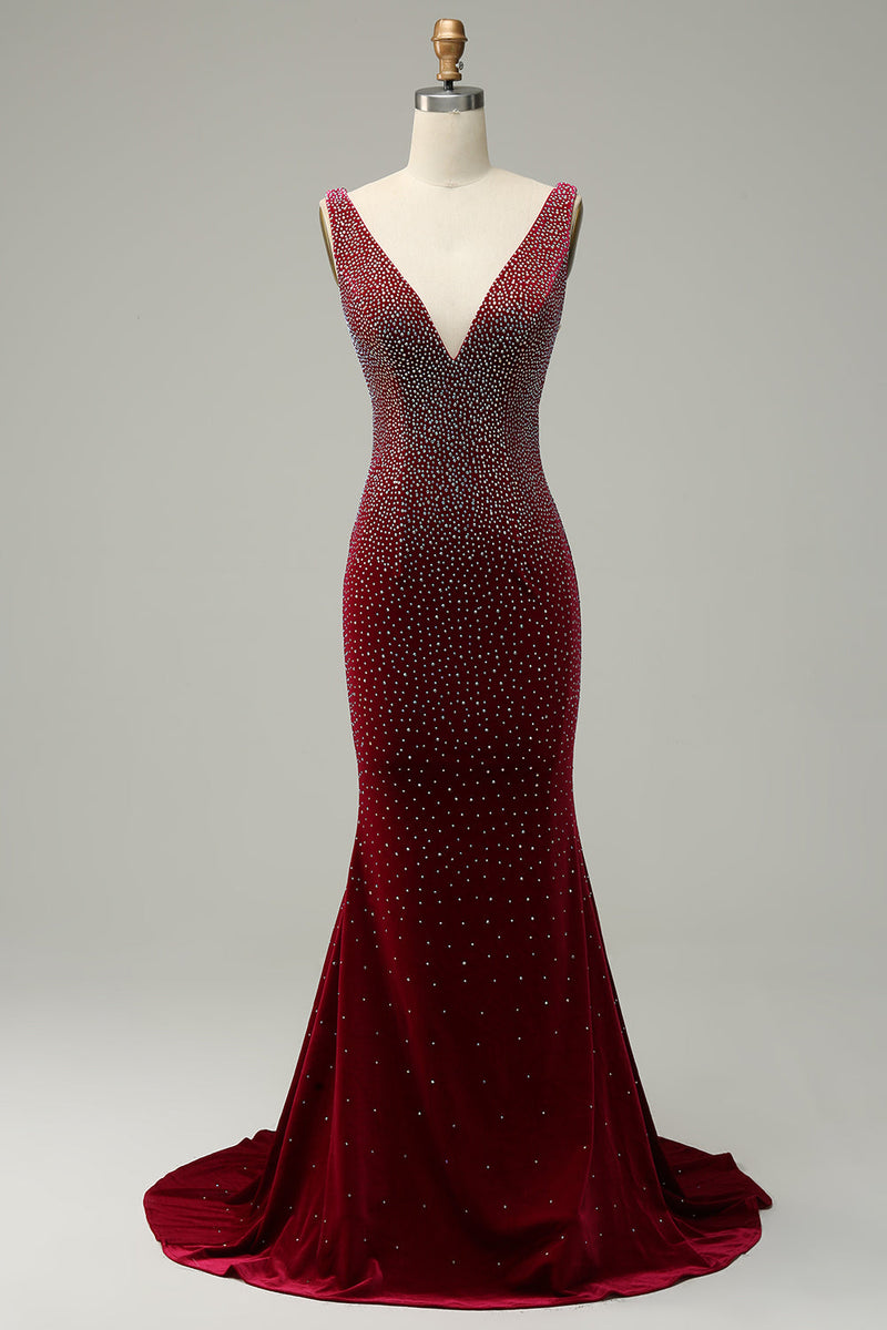 Load image into Gallery viewer, Mermaid Deep V Neck Burgundy Long Prom Dress with Beading
