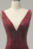 Load image into Gallery viewer, Mermaid Deep V Neck Burgundy Long Prom Dress with Beading