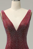 Mermaid Deep V Neck Burgundy Long Prom Dress with Beading