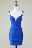 Bodycon Deep V Neck Royal Blue Short Graduation Dress with Beading