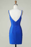 Bodycon Deep V Neck Royal Blue Short Graduation Dress with Beading