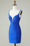 Bodycon Deep V Neck Royal Blue Short Graduation Dress with Beading