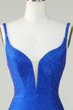 Bodycon Deep V Neck Royal Blue Short Graduation Dress with Beading