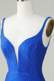 Bodycon Deep V Neck Royal Blue Short Graduation Dress with Beading