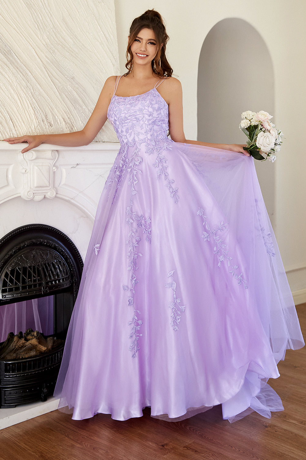 Sexy Spaghetti Straps Tulle V Neck Lavender Long Beaded Sleeveless Prom  Dresses RJS133 - Purple