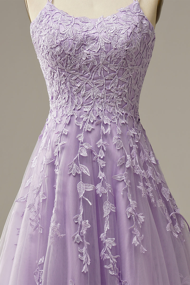 Purple Tulle A-line V-neck Spaghetti Straps Prom Dress With Lace Appliques,  SP618
