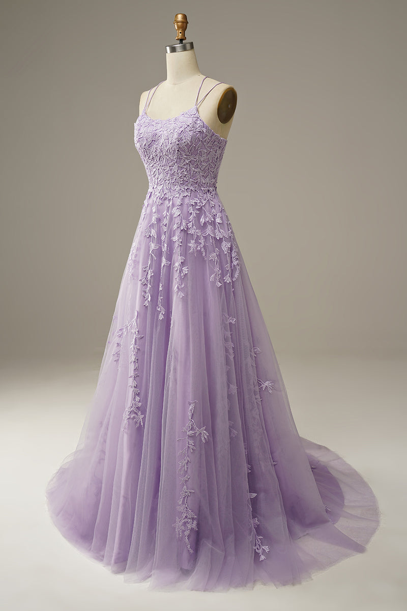 Load image into Gallery viewer, Purple Tulle A-Line Prom Dress With Appliques