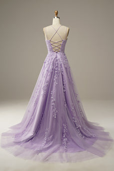 Purple Tulle A-Line Prom Dress With Appliques