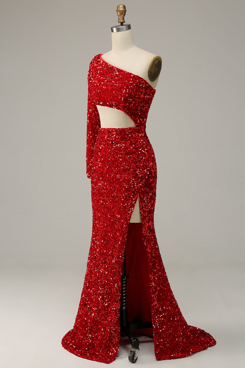 Load image into Gallery viewer, Mermaid One Shoulder Red Sequins Cut Out Prom Dress with Split Front
