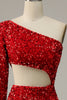 Load image into Gallery viewer, Mermaid One Shoulder Red Sequins Cut Out Prom Dress with Split Front