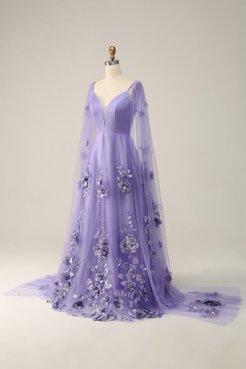 Load image into Gallery viewer, Purple Watteau Train Prom Dress With 3D Flowers