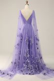 Purple Watteau Train Prom Dress With 3D Flowers