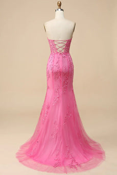 Pink Corset Sweetheart Long Lace Mermaid Prom Dress with Slit