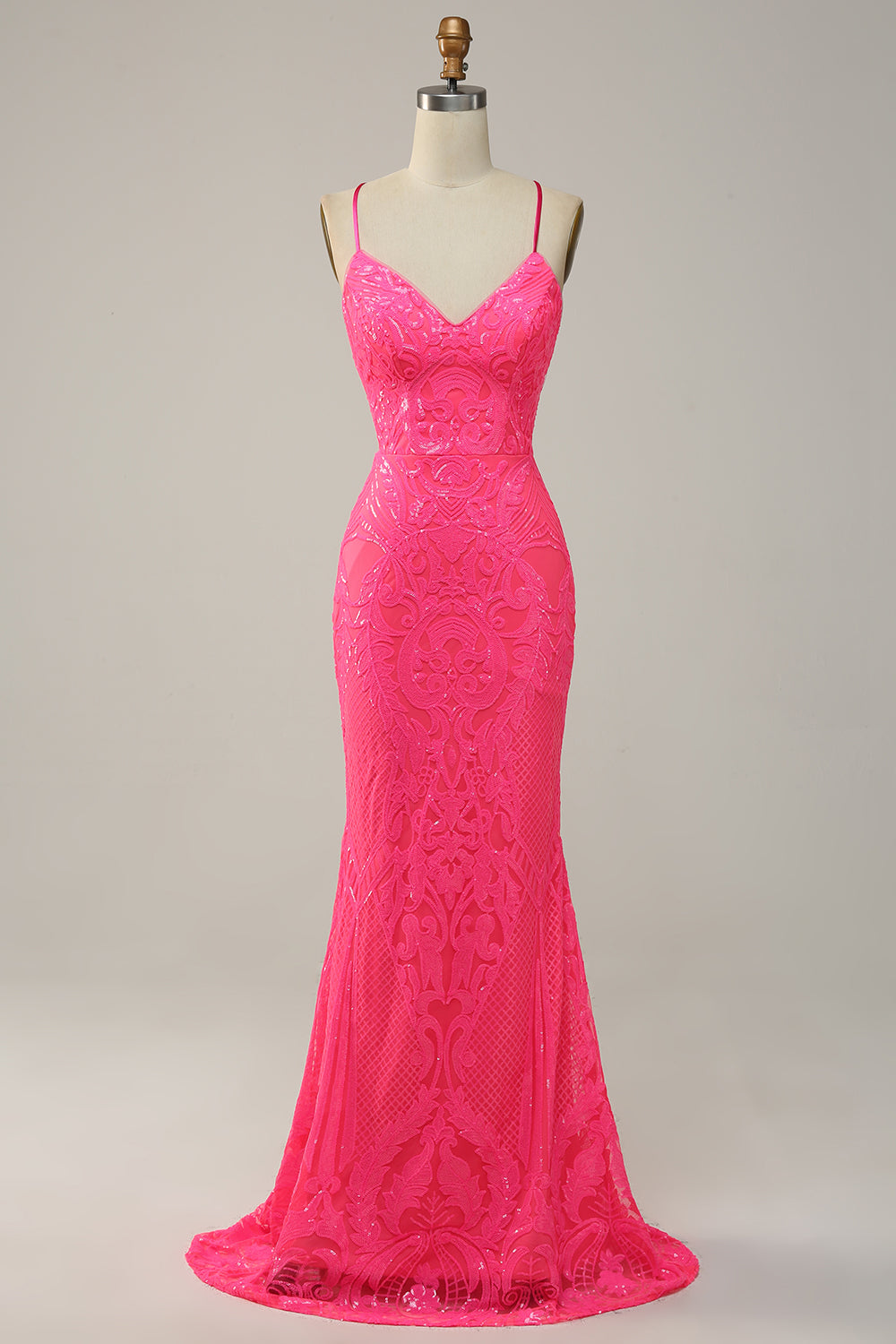 Mermaid Spaghetti Straps Sequined Hot Pink Long Prom Dress