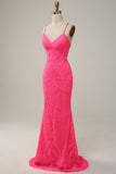 Mermaid Spaghetti Straps Sequined Hot Pink Long Prom Dress