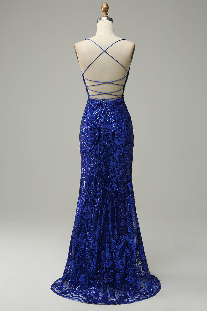 Load image into Gallery viewer, Mermaid Spaghetti Straps Royal Blue Sequins Long Prom Dress with Criss Cross Back