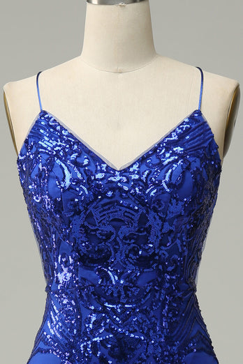 Mermaid Spaghetti Straps Royal Blue Sequins Long Prom Dress with Criss Cross Back
