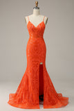 Mermaid Spaghetti Straps Orange Long Prom Dress with Split Front