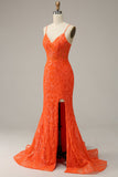 Mermaid Spaghetti Straps Orange Long Prom Dress with Split Front