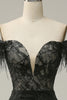 Load image into Gallery viewer, Mermaid Off the Shoulder Black Long Prom Dress with Feather