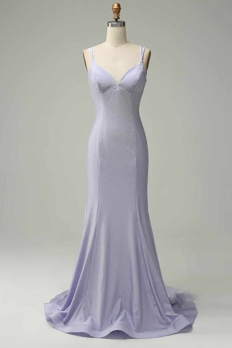 Load image into Gallery viewer, Mermaid Spaghetti Straps Lilac Long Prom Dress with Backless