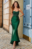 Trendy Mermaid Halter Neck Dark Green Long Prom Dress with Appliques Beading