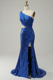 Mermaid One Shoulder Royal Blue Sequins Cut Out Prom Dress with Split Front