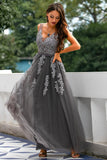 Grey Blue Appliques Prom Dress